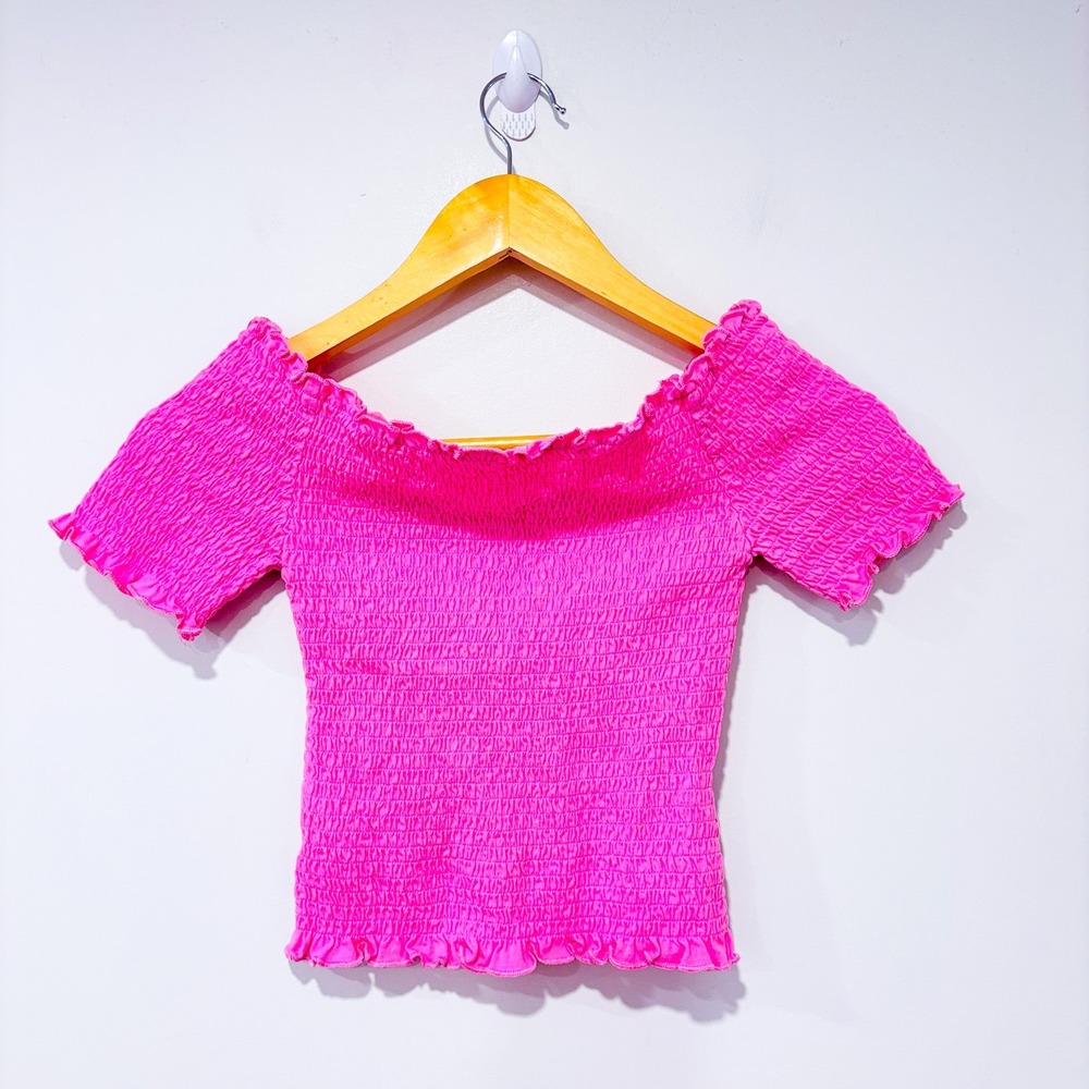 H&M Pink off-shoulder smocked cropped top | Barbiecore Y2K | Small